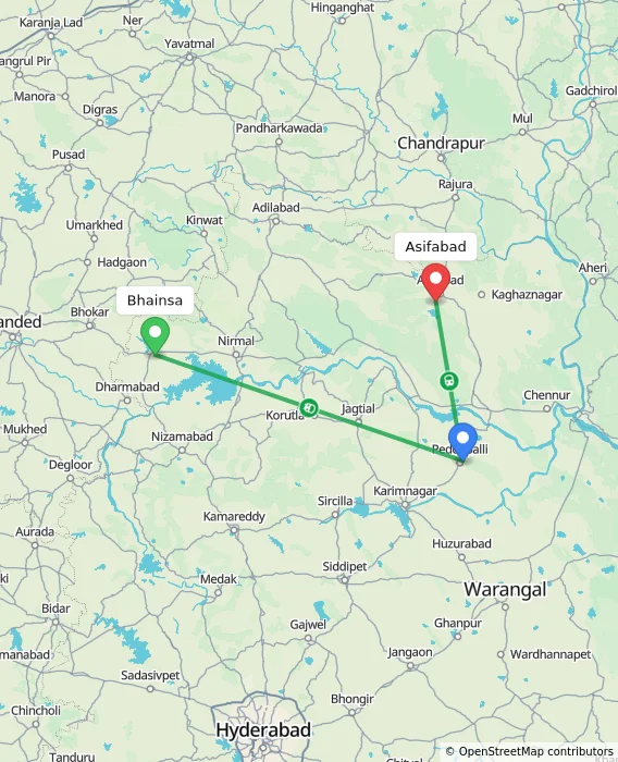 Route map showing distance and travel time from Bhainsa, India to Asifabad, India