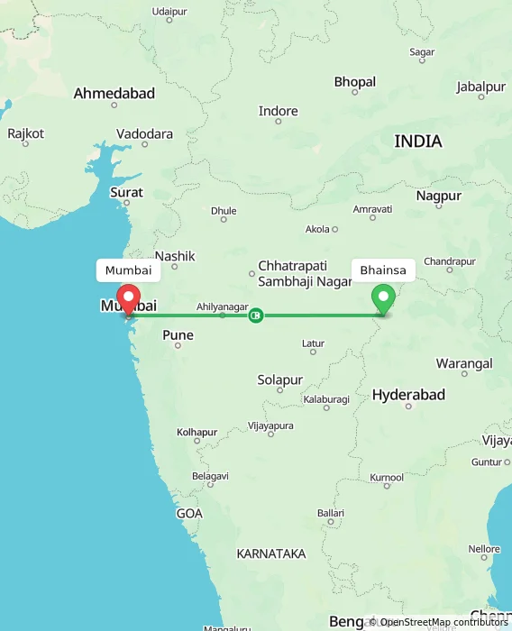 Route map showing distance and travel time from Bhainsa, India to Mumbai, India
