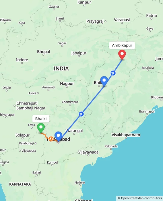 Route map showing distance and travel time from Bhalki, India to Ambikapur, India