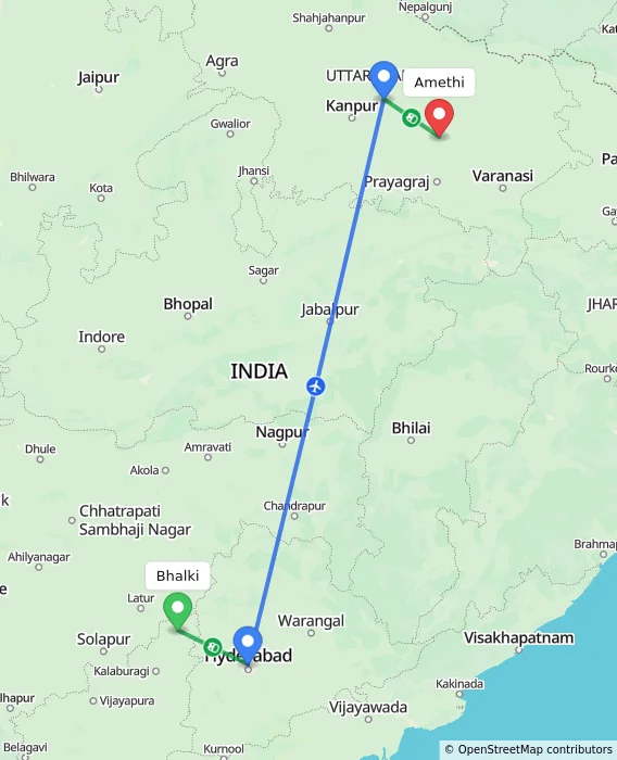 Route map showing distance and travel time from Bhalki, India to Amethi, India