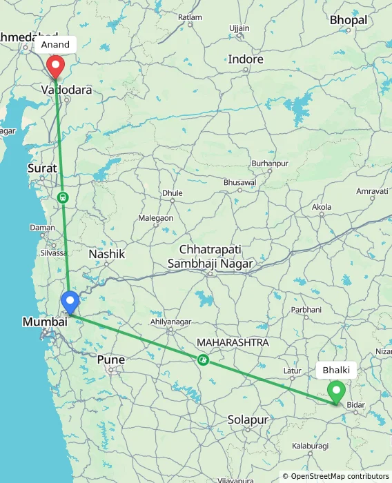 Route map showing distance and travel time from Bhalki, India to Anand, India