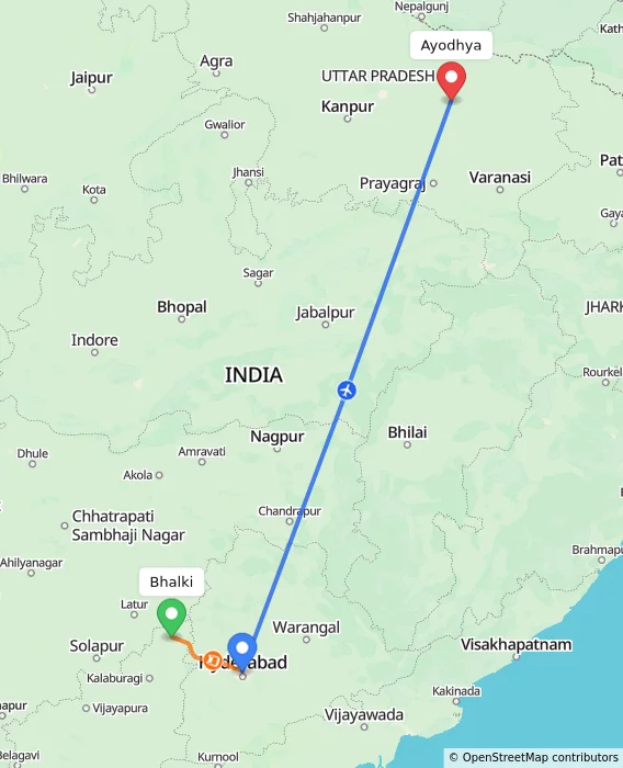 Route map showing distance and travel time from Bhalki, India to Ayodhya, India