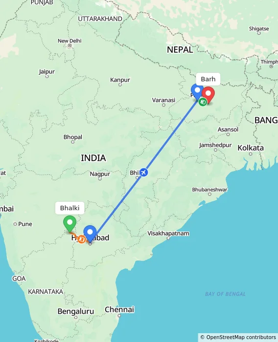 Route map showing distance and travel time from Bhalki, India to Barh, India