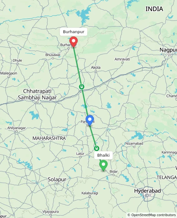 Route map showing distance and travel time from Bhalki, India to Burhanpur, India