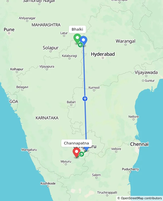 Route map showing distance and travel time from Bhalki, India to Channapatna, India