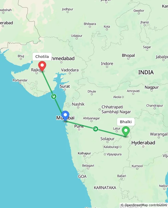 Route map showing distance and travel time from Bhalki, India to Chotila, India