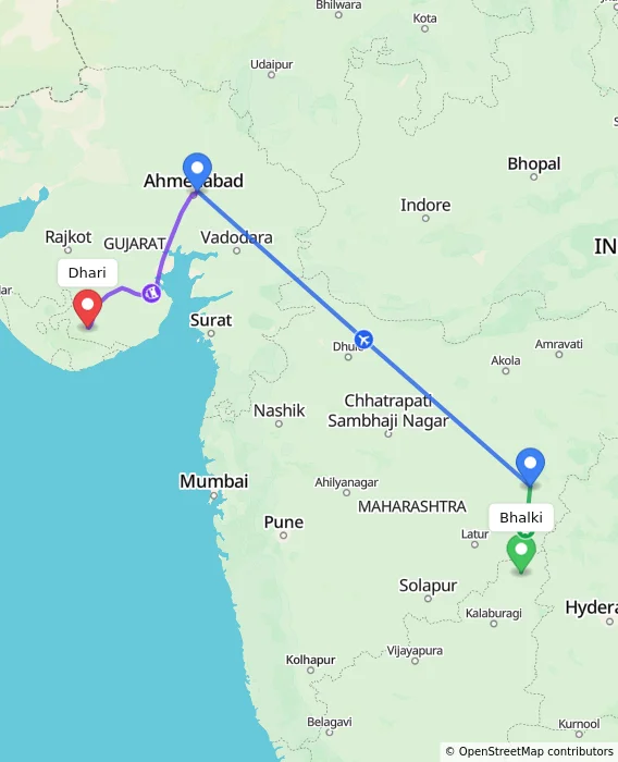 Route map showing distance and travel time from Bhalki, India to Dhari, India