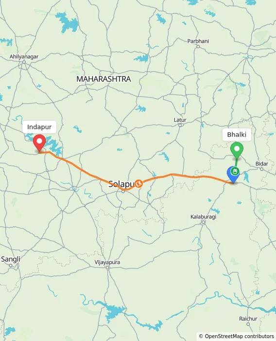 Route map showing distance and travel time from Bhalki, India to Indapur, India