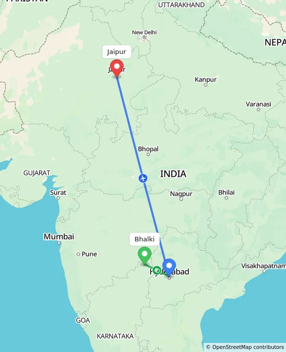 Route map showing distance and travel time from Bhalki, India to Jaipur, India