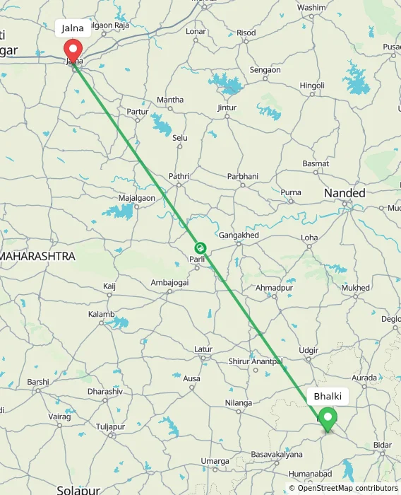 Route map showing distance and travel time from Bhalki, India to Jalna, India