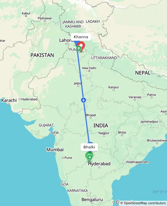 Route map showing distance and travel time from Bhalki, India to Khanna, India