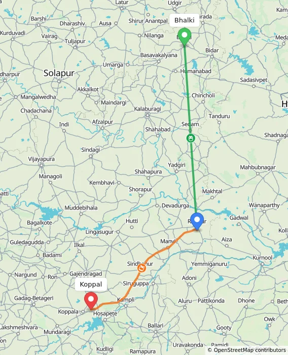 Route map showing distance and travel time from Bhalki, India to Koppal, India