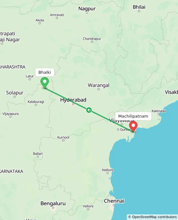 Route map showing distance and travel time from Bhalki, India to Machilipatnam, India