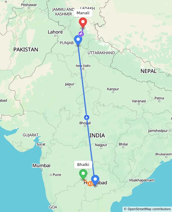 Route map showing distance and travel time from Bhalki, India to Manali, India