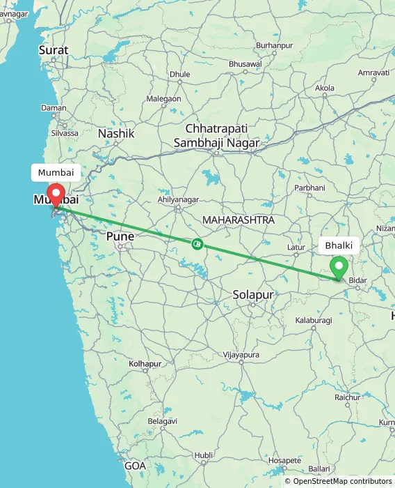 Route map showing distance and travel time from Bhalki, India to Mumbai, India