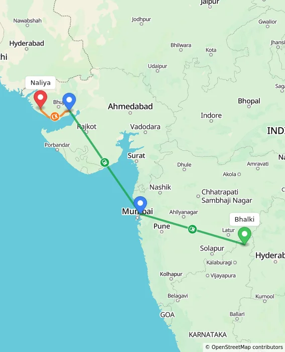 Route map showing distance and travel time from Bhalki, India to Naliya, India
