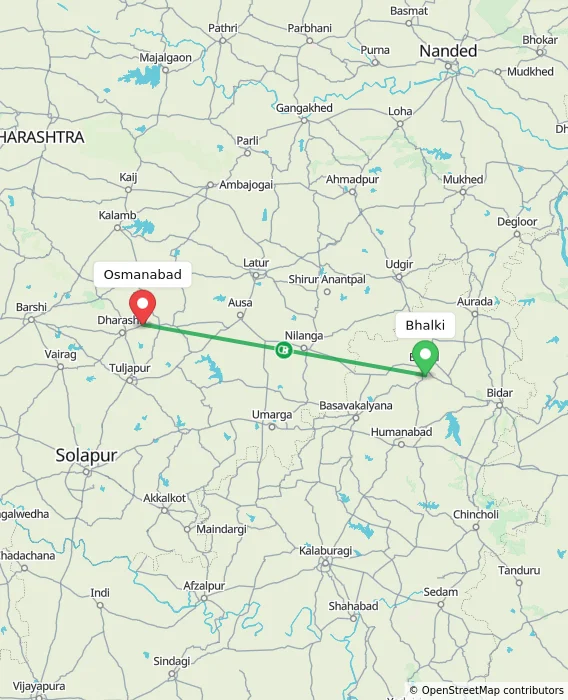 Route map showing distance and travel time from Bhalki, India to Osmanabad, India