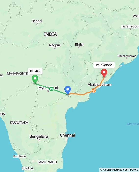 Route map showing distance and travel time from Bhalki, India to Palakonda, India
