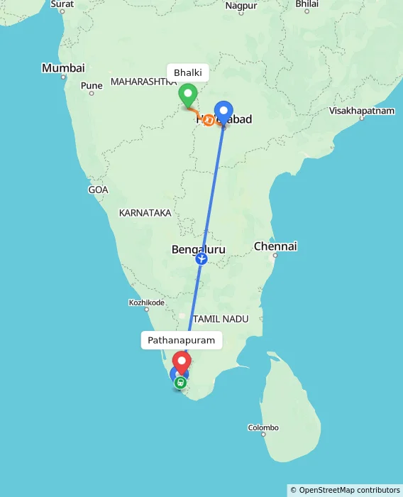 Route map showing distance and travel time from Bhalki, India to Pathanapuram, India