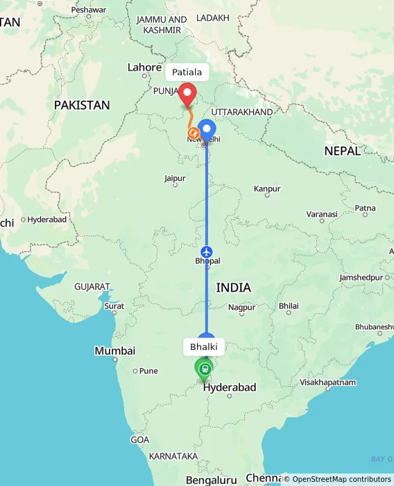 Route map showing distance and travel time from Bhalki, India to Patiala, India