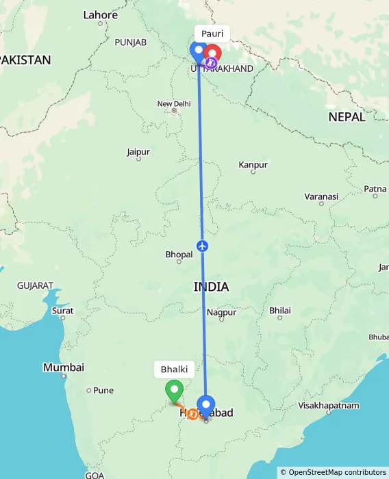 Route map showing distance and travel time from Bhalki, India to Pauri, India