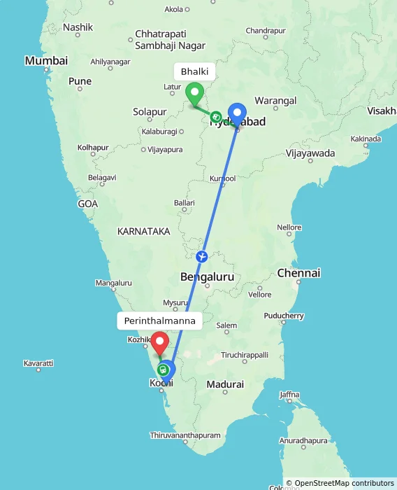 Route map showing distance and travel time from Bhalki, India to Perinthalmanna, India