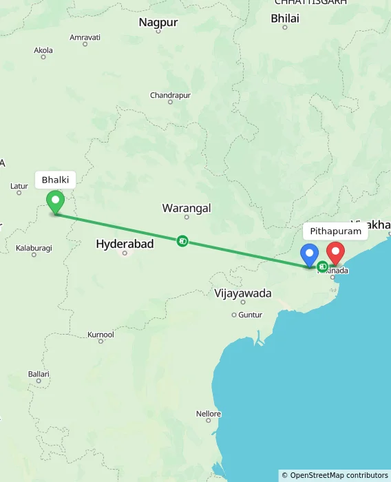 Route map showing distance and travel time from Bhalki, India to Pithapuram, India