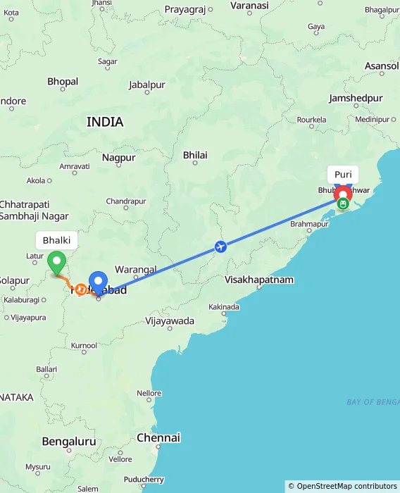 Route map showing distance and travel time from Bhalki, India to Puri, India