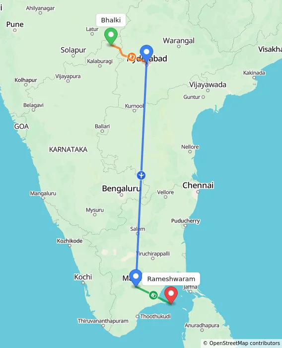 Route map showing distance and travel time from Bhalki, India to Rameshwaram, India
