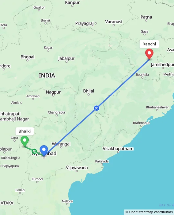 Route map showing distance and travel time from Bhalki, India to Ranchi, India