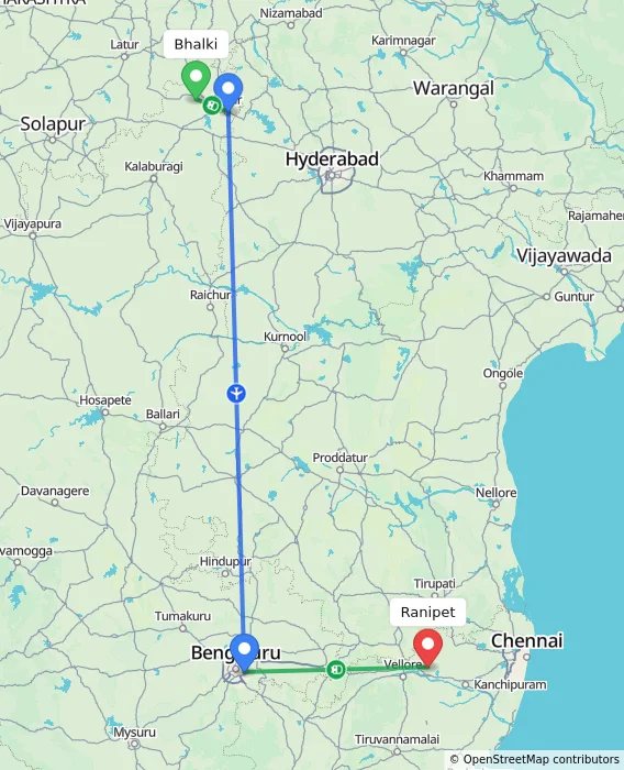 Route map showing distance and travel time from Bhalki, India to Ranipet, India