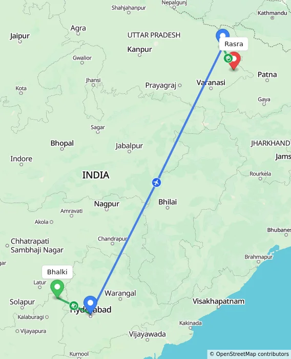Route map showing distance and travel time from Bhalki, India to Rasra, India
