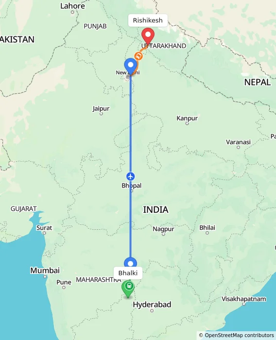 Route map showing distance and travel time from Bhalki, India to Rishikesh, India