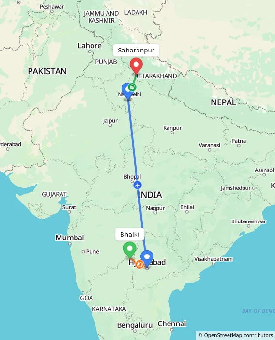 Route map showing distance and travel time from Bhalki, India to Saharanpur, India
