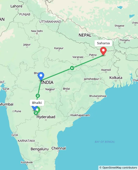 Route map showing distance and travel time from Bhalki, India to Saharsa, India