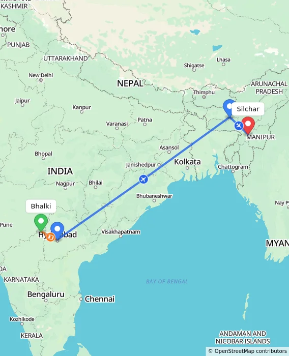 Route map showing distance and travel time from Bhalki, India to Silchar, India