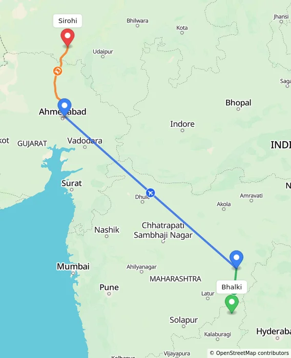 Route map showing distance and travel time from Bhalki, India to Sirohi, India