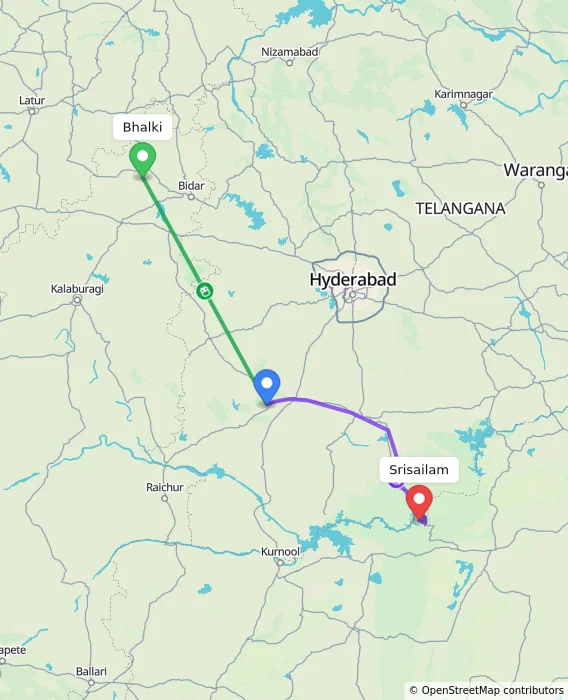 Route map showing distance and travel time from Bhalki, India to Srisailam, India