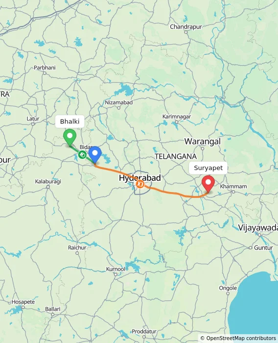 Route map showing distance and travel time from Bhalki, India to Suryapet, India