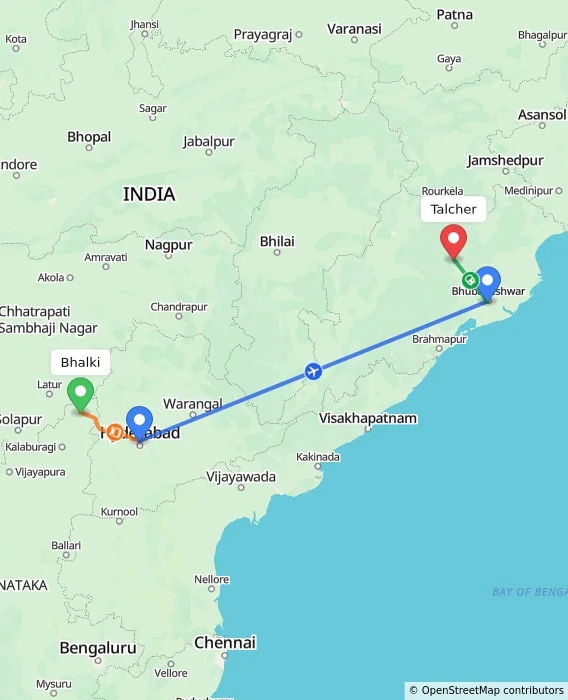 Route map showing distance and travel time from Bhalki, India to Talcher, India