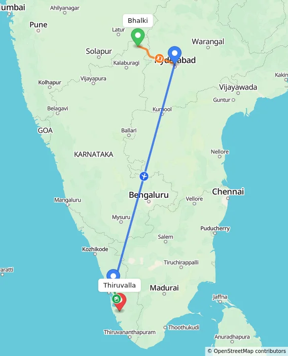 Route map showing distance and travel time from Bhalki, India to Thiruvalla, India