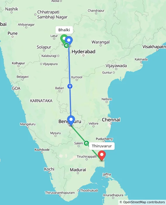 Route map showing distance and travel time from Bhalki, India to Thiruvarur, India