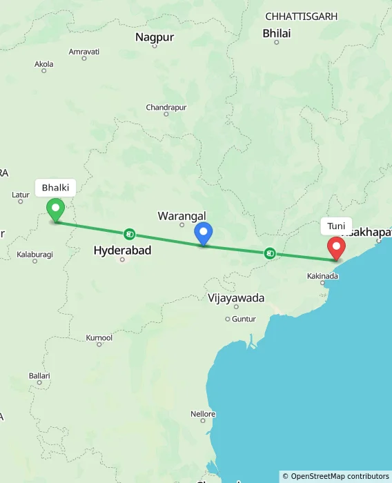 Route map showing distance and travel time from Bhalki, India to Tuni, India