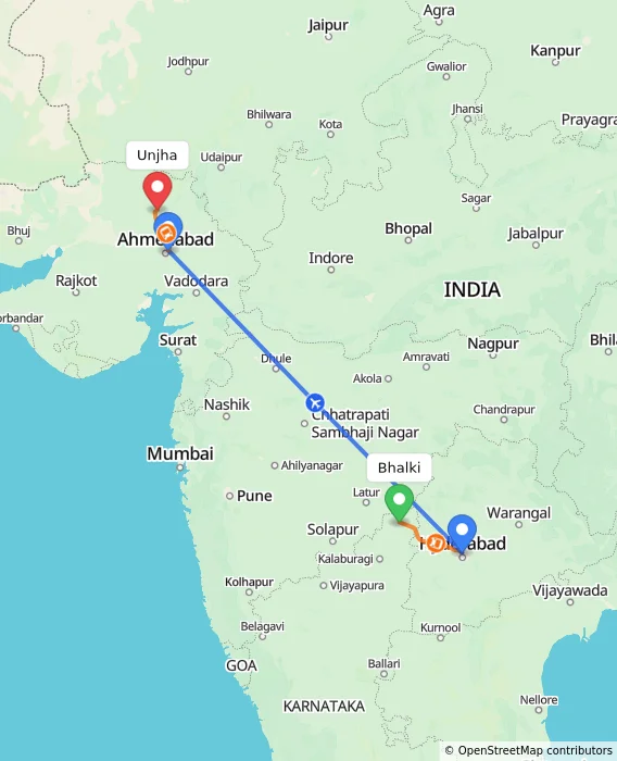 Route map showing distance and travel time from Bhalki, India to Unjha, India