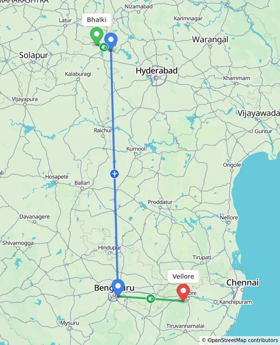 Route map showing distance and travel time from Bhalki, India to Vellore, India