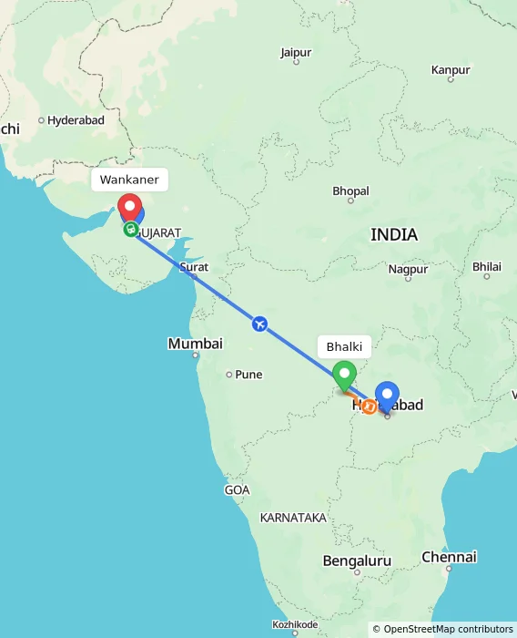 Route map showing distance and travel time from Bhalki, India to Wankaner, India