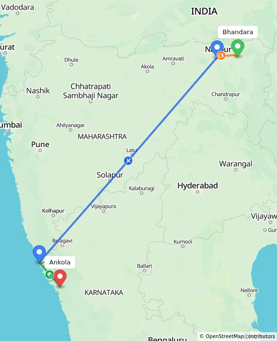 Route map showing distance and travel time from Bhandara, India to Ankola, India