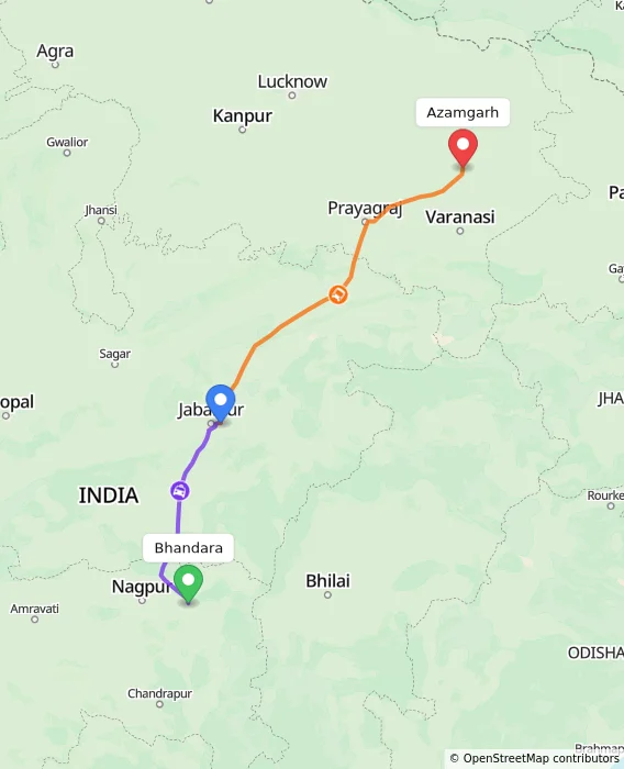 Route map showing distance and travel time from Bhandara, India to Azamgarh, India