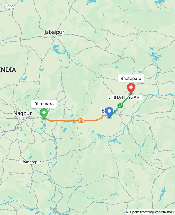 Route map showing distance and travel time from Bhandara, India to Bhatapara, India