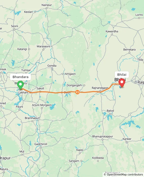 Route map showing distance and travel time from Bhandara, India to Bhilai, India